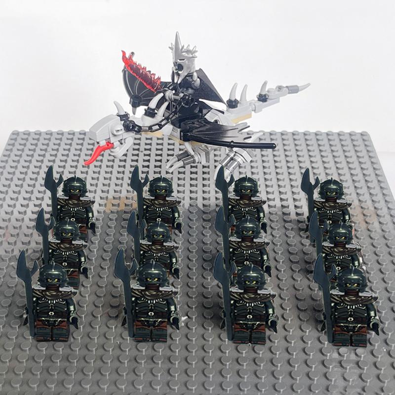 14pcs MOC Medieval Dwarf Warrior Elves Knights LotR Uruk-hai Orc Rohan Soldier with Witch King Leader Figure Building Block Toys