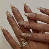 24Pcs Gold Cat Eye French Pearl Fake Nails Medium Almond Glitter Irregular Line Press On Nails