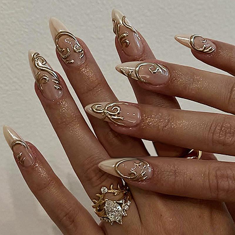 24Pcs Gold Cat Eye French Pearl Fake Nails Medium Almond Glitter Irregular Line Press On Nails