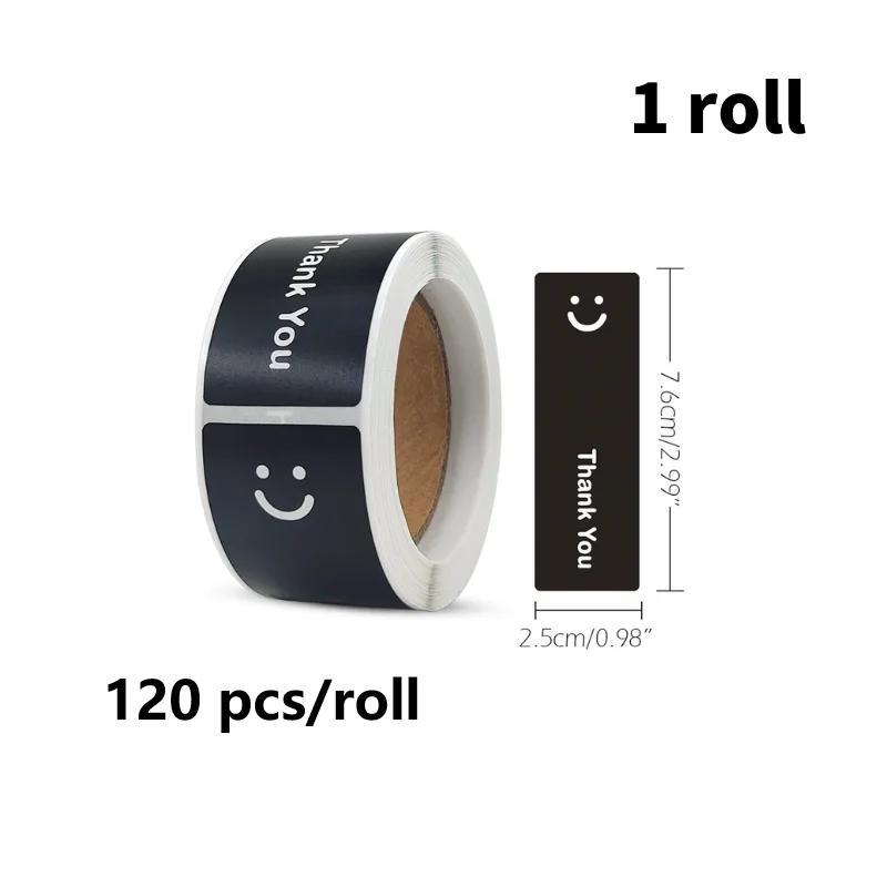

120 шт./рулон, черно-белая, смайлик, прямоугольная, с надписью «Спасибо», подарочная наклейка для самодельной упаковки, декоративная этикетка