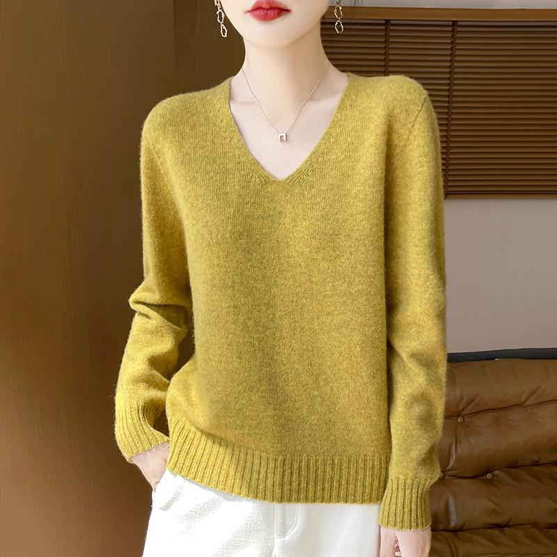 Women's V-Neck Wool Cashmere Sweater: Autumn/Winter Fashionable Long Sleeve Knit Pullover.