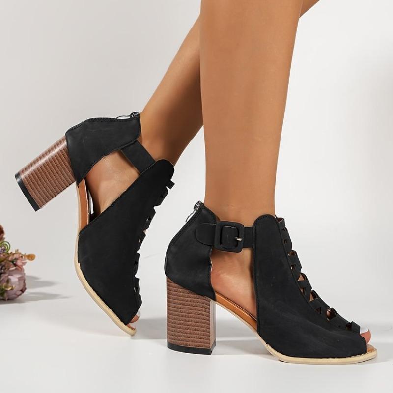 Sommerschuhe Damensandalen in Übergröße mit dickem Absatz und Knopfverschluss