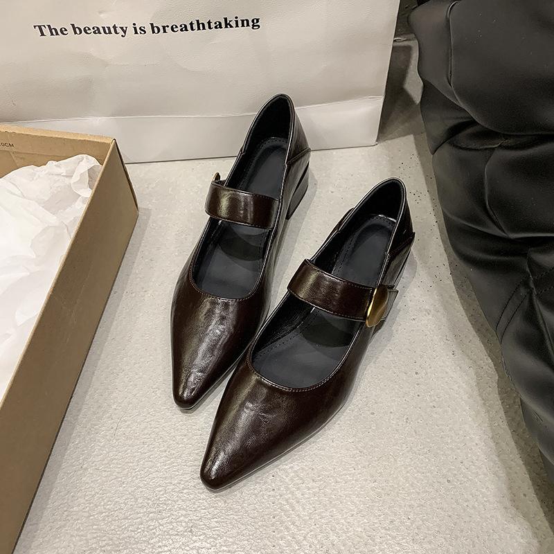 

Французские туфли-лодочки на толстом каблуке на липучке, женские, новые осенние 2025 года, с острым носком, в зарубежном стиле, универсальные, маленькие кожаные туфли Мэри Джейн 40 коричневый