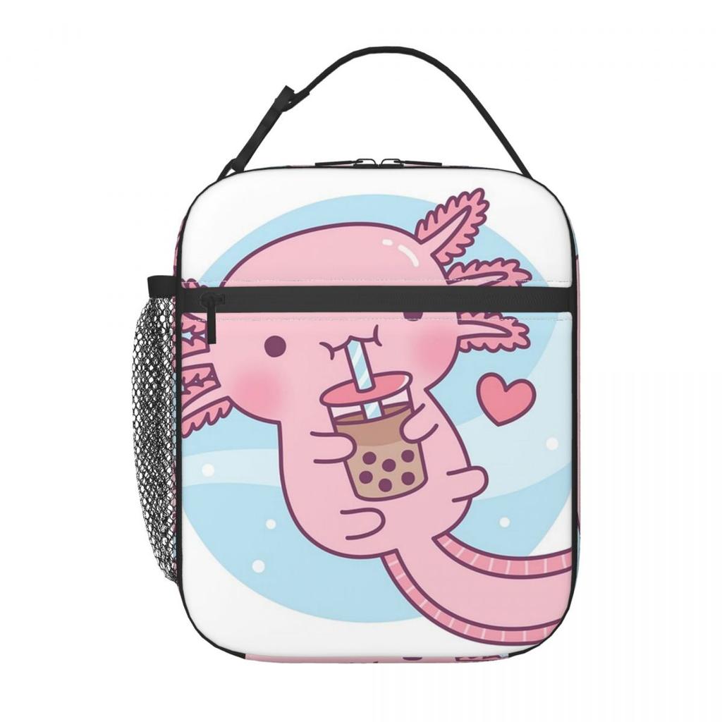 Niedliche isolierte Lunchtasche mit Axolotl-Milchtee-Print für Frauen und Kinder, tragbare Lebensmittelbox, Thermotasche