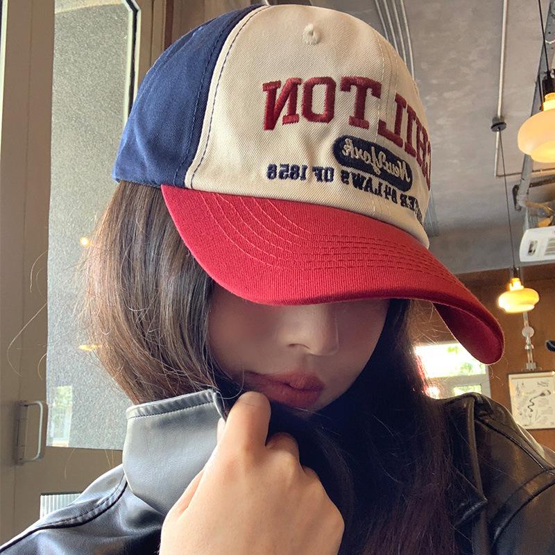 Color matching letter baseball cap women's retro versatile wide brim big face cap big head circumference showing face small hat