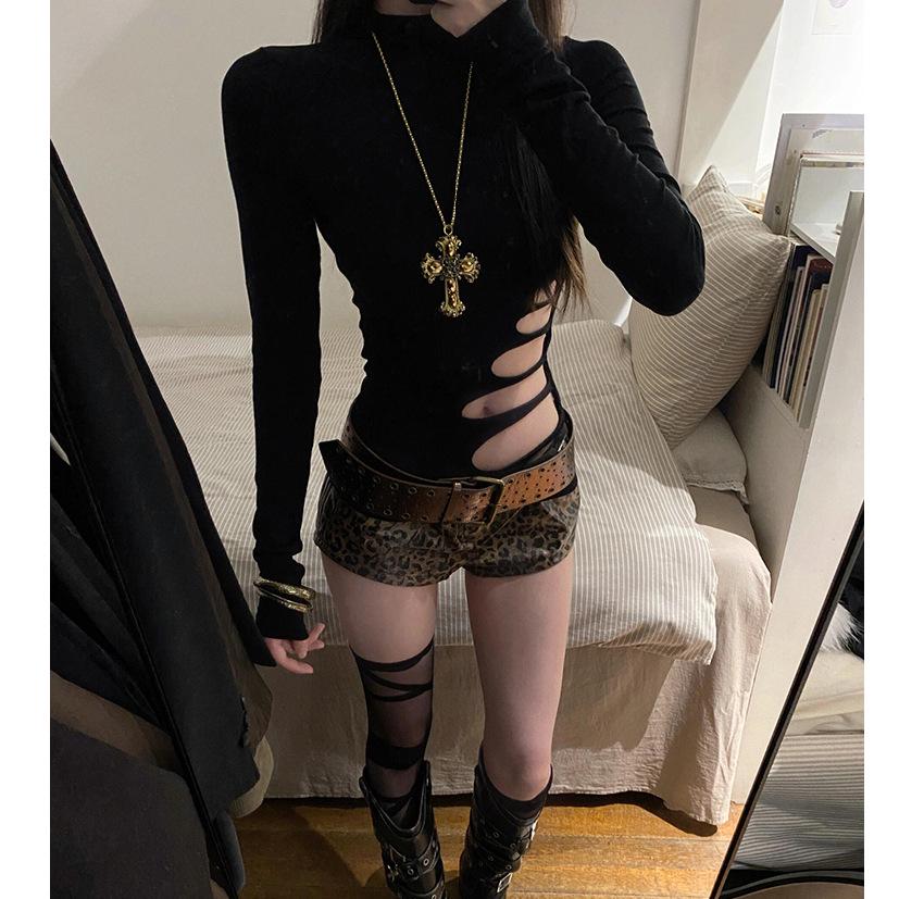 Women's Trendy Long-Sleeve T-Shirt, Autumn '25, Ripped Hollow-Out, American Retro, Slimming Fit