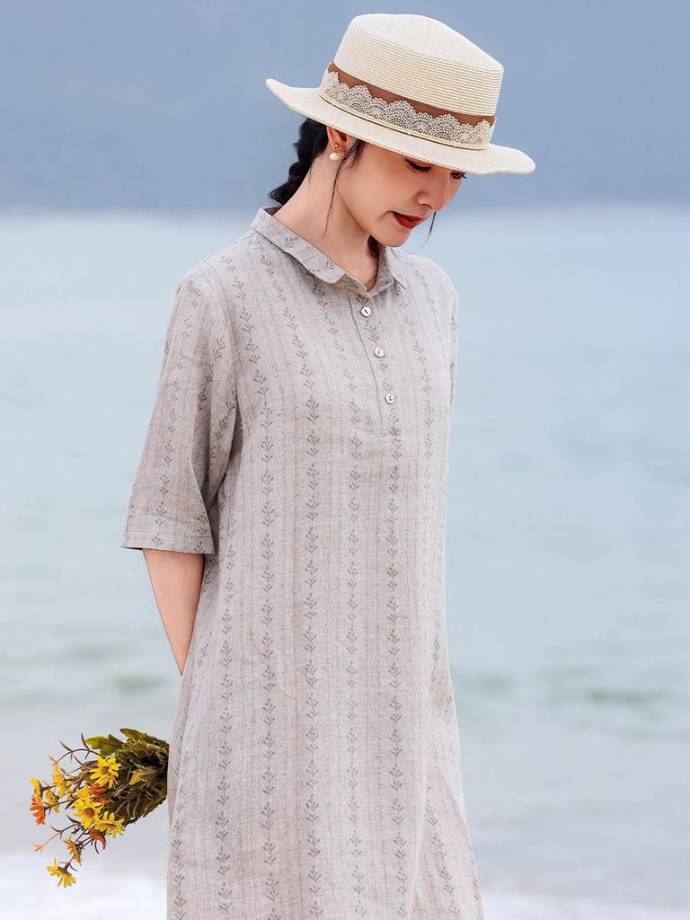 Women's Artistic Floral Print Linen Midi Dress - Summer, Loose Fit, Mid-Sleeve, Lapel Collar.