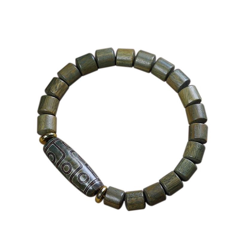 Green Sandalwood Barrel Bead Bracelet with Aventurine Dzi Bead - Unisex Wooden Single-Loop Buddhist Jewelry.