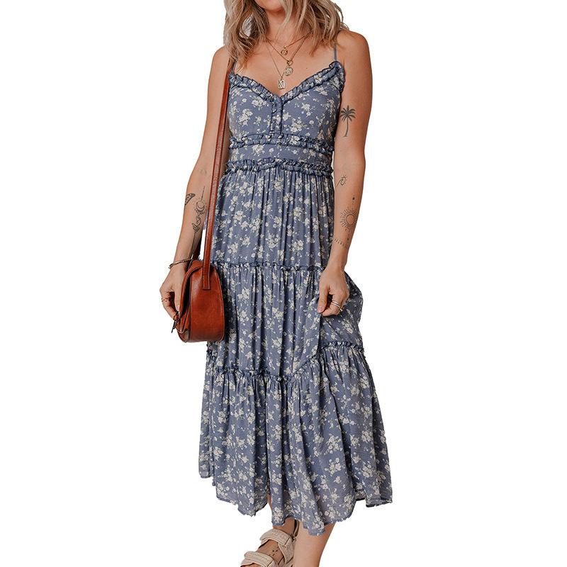 2025 Spring/Summer Floral Print Spaghetti Strap Maxi Dress - Women s Casual Slim Fit European/American Style Large