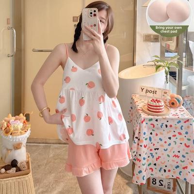 Koreanisch süßer Pfirsichdruck Sling Tops und Shorts 2-teiliges Set Nachtwäsche junges Mädchen Sommer Pyjama-Set mit Brustpolster Damen Homewear
