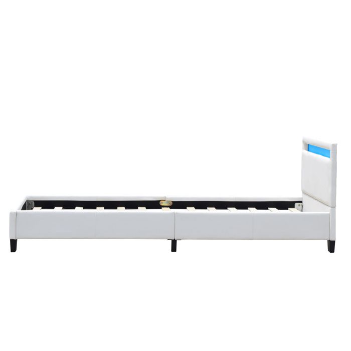 Lit simple en placage MDF massif - - Angel - Sommier lattes - Blanc - Tte de lit avec clairage LED