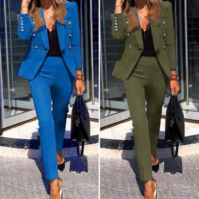 2 Pcs/Set Lady Formal Coat Pants Set Turn-down Collar Button Decor Long Sleeves Jacket Slim Fit Pure Color Trousers Casual Daily Wear Commuting Outfit
