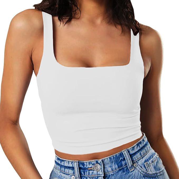 Dámský crop top bez rukávů na špagetová ramínka se čtvercovým výstřihem, slim fit