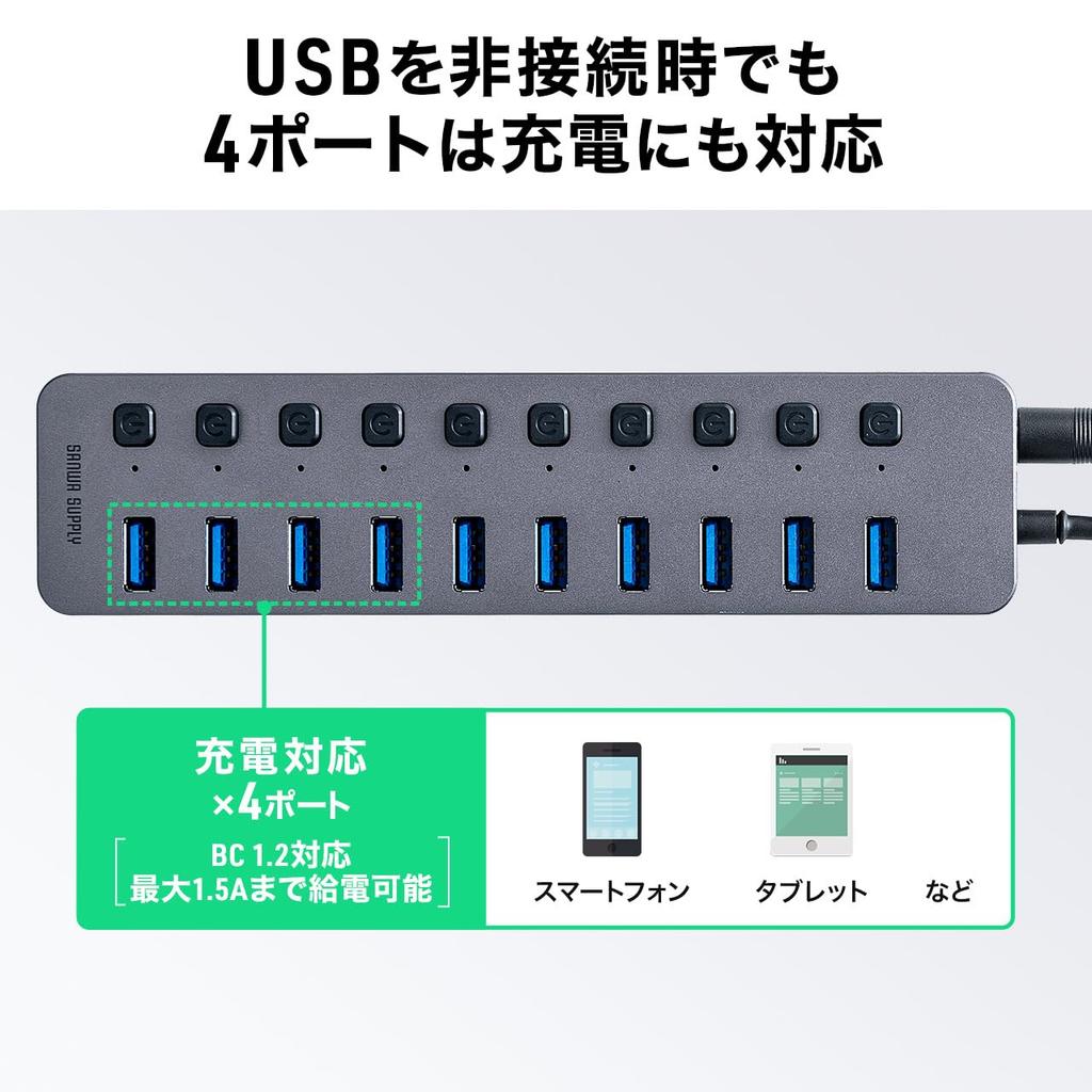 Sanwa Direct USB Hub with Individual USB and AC Adapter 10-Port Self-Powered Switches, 3.2/5Gbps, (400-HUBA23GM)