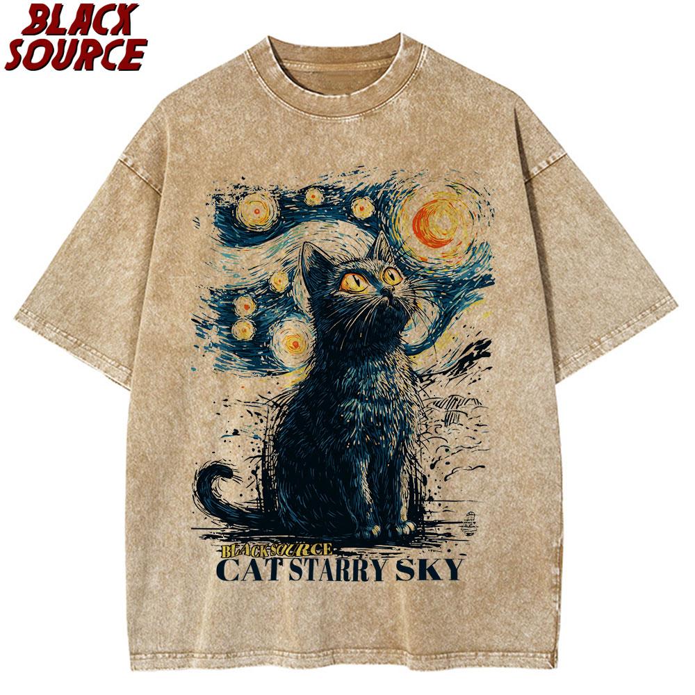 

T Black Cat Starry Sky Night Vintage Tshirt for Men and Women Short Sleeve Cotton Round Neck Tshirt Casual Graphic S