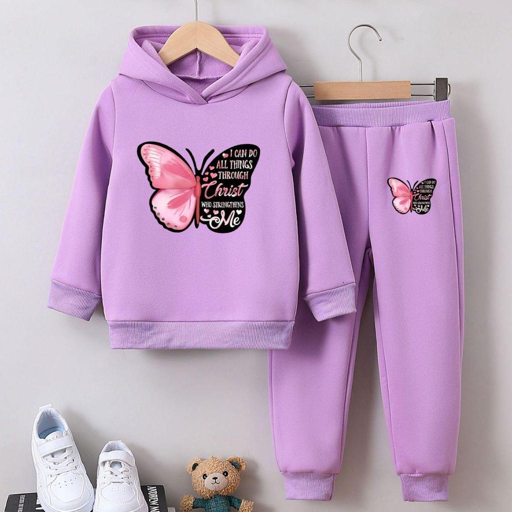 Completo Due Pezzi Felpa con Cappuccio Farfalla per Ragazze: Pullover di Velluto Cartone Animato Carino per Autunno e Inverno