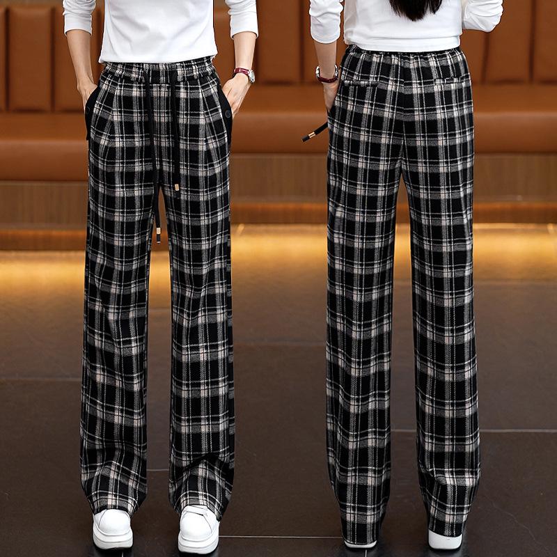 Women's High-Waisted Plaid Wide-Leg Pants - Spring Slimming Casual Drape Style