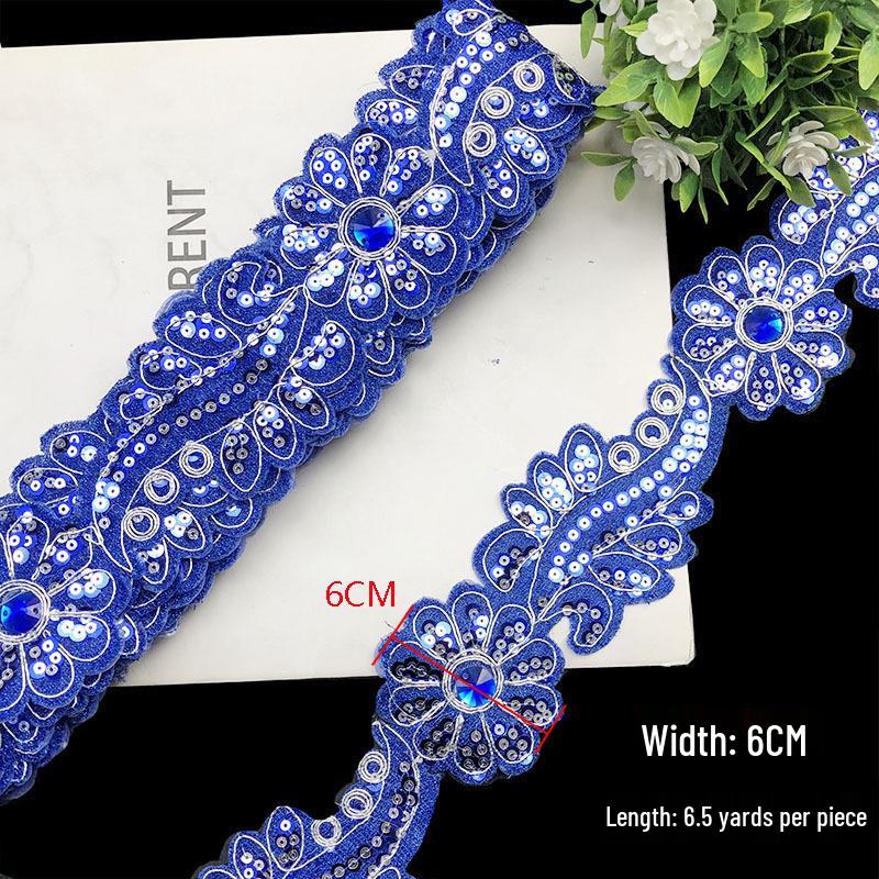 

6cm Self-Adhesive Iron-On Floral Lace Strip with Colorful Sequins for Clothing Decoration королівський синій колір