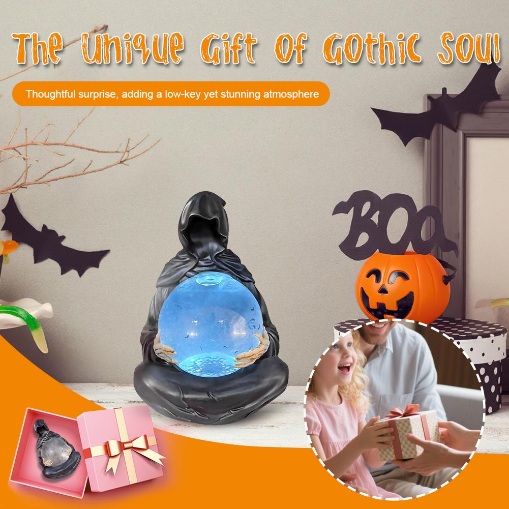 Gothic Grim Reaper Crystal Ball Statue with LED Light The Death Gods Liquid Glitter Motion Lamp Halloween Atmosphere Decor Prop