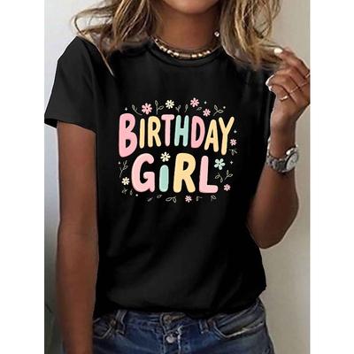 BIRTHDAY GIRL in Retro-Schriftart bedrucktes T-Shirt, Kurzarm Rundhals Lässiges Oberteil für Sommer & Frühling, Damenbekleidung