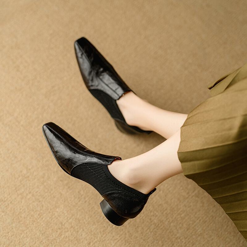 Fashion NEW Spring/Fall Women Loafers Genuine Leather Shoes for Women Square Toe Chunky Heel Shoes Retro Slip-on Women Pumps Black Shoes
