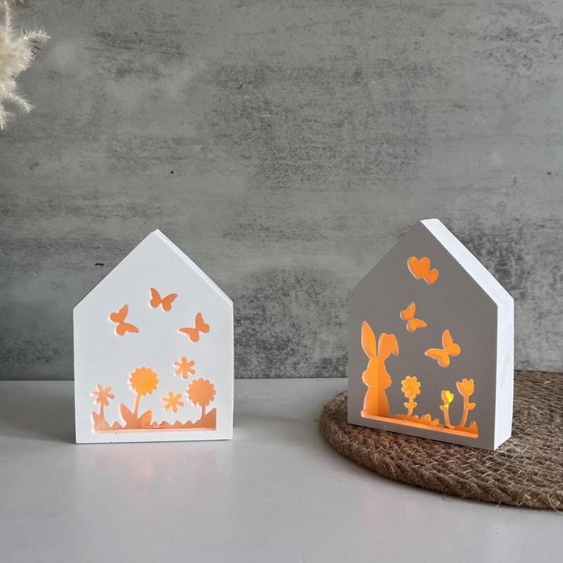 House Shape Silicone Molds with Bunnies Butterfly Flower Pattern for Soap Candle Making Cement Gypsum Silicone Molds