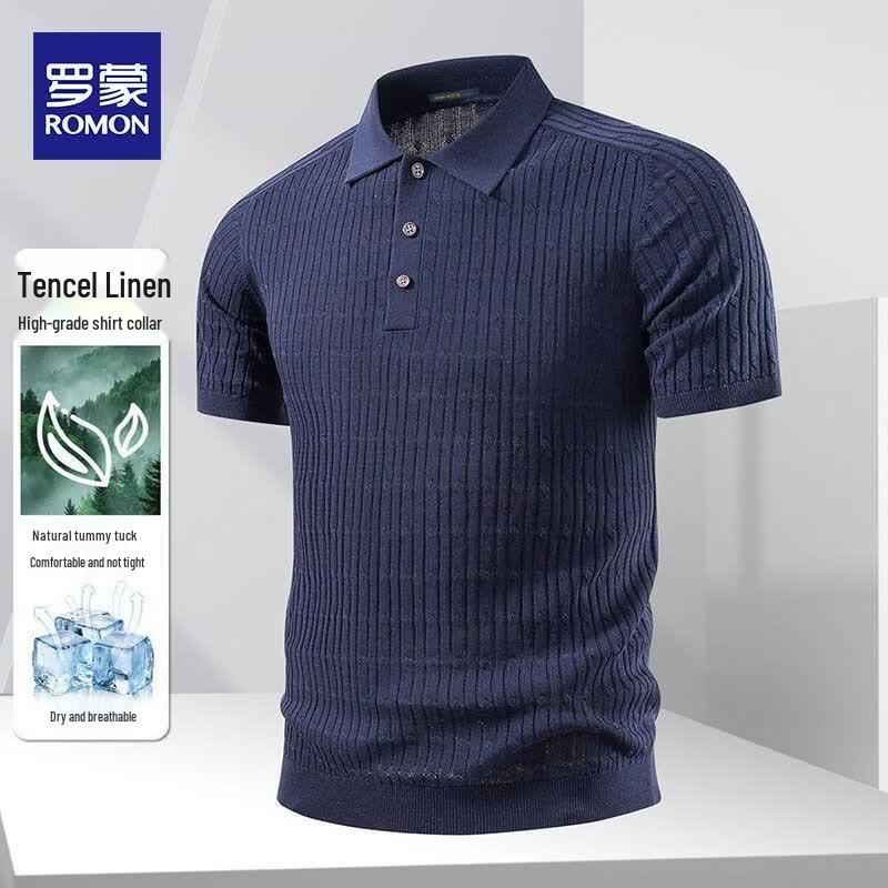 ROMON Men s Lyocell Linen Knit Cooling Business Casual Short Sleeve Polo Shirt XL