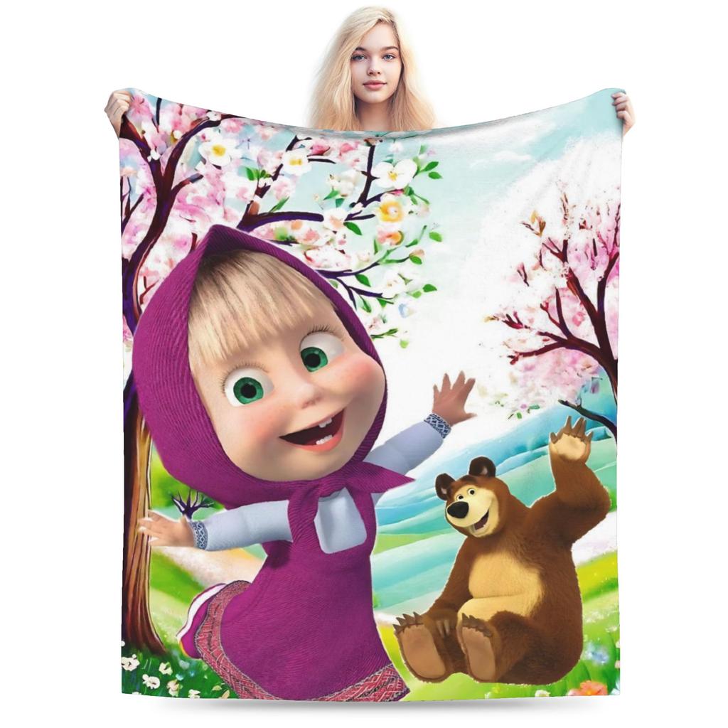 Cute Cartoon M Masha and Bear Blanket Coral Fleece Plush Summer Multi function Soft Throw Blanket for Sofa Travel Bedspread