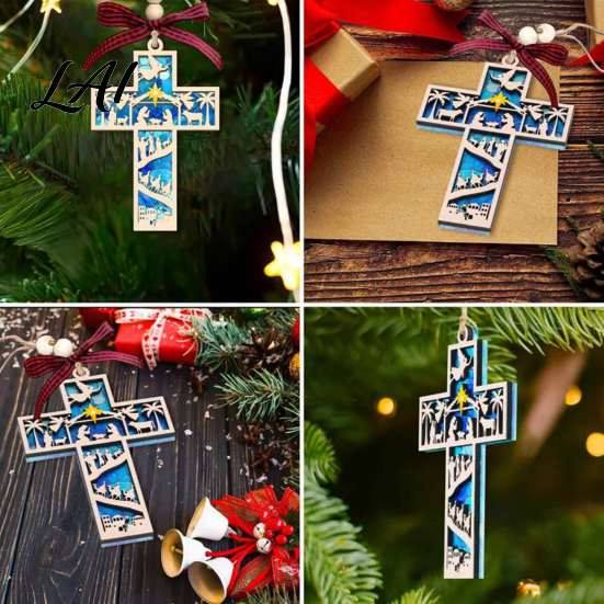 Reusable Christmas Tree Decor Wooden Hollowed Pendant Cross/Christmas Hanging Ornament Decorative Unique Gift for Book Worms Plaid Bow Craft