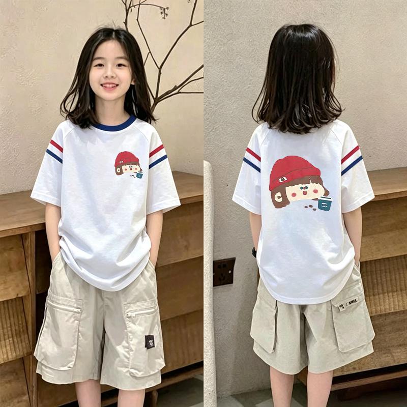 Summer Korean Style Color Block Loose T-shirt for Girls Aged 6-12 - Short Sleeve and Versatile