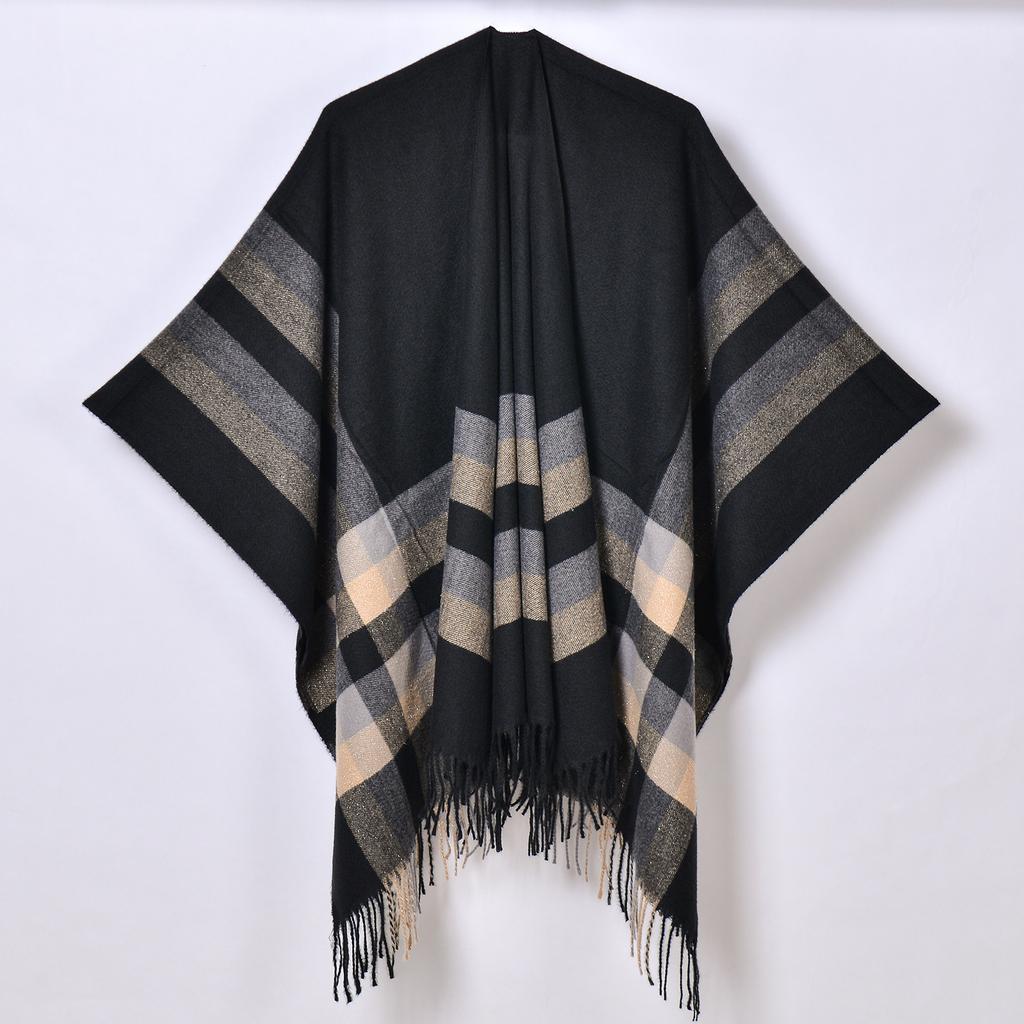 Foreign Trade, New Tassel Split Shawl Autumn and Winter Women's Simple Plaid Jacquard Scarf Cape