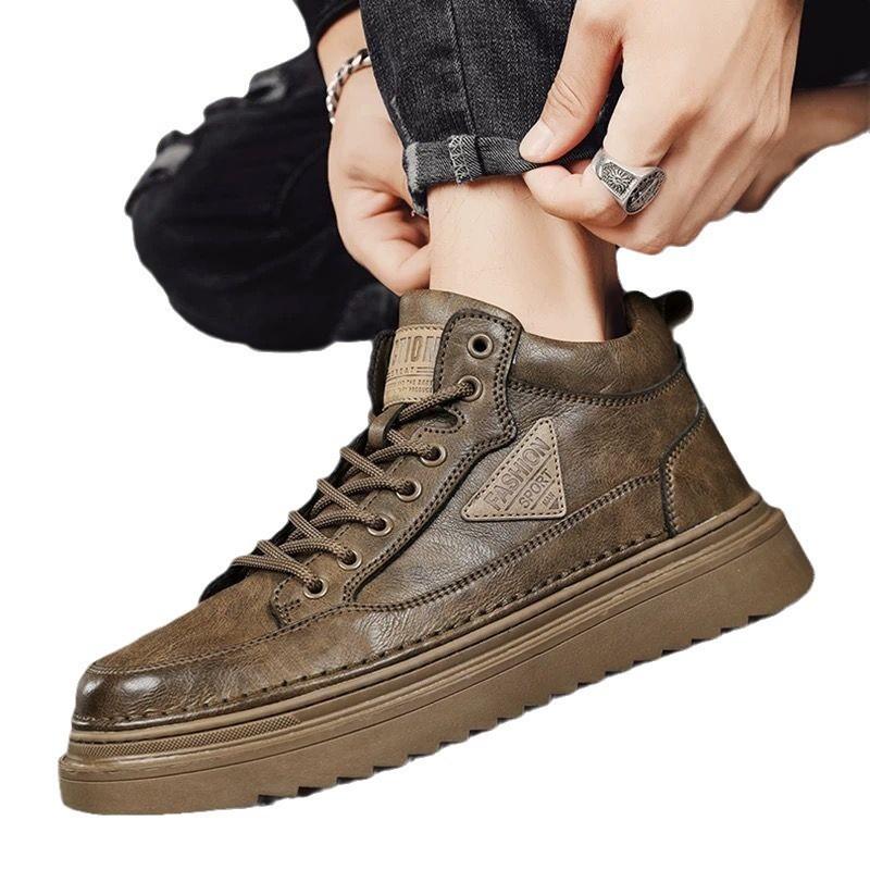 Spring Autumn New Ankle Boots, Men's Trendy and Versatile Thick-soled Casual Leather Shoes Workwear and Board Shoes H278