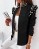 Damen Blazer Jacke mit Stehkragen Reißverschluss Slim Fit Rüschenschulter Langarm Ganzkörperdruck Lässiger Kurzer Mantel