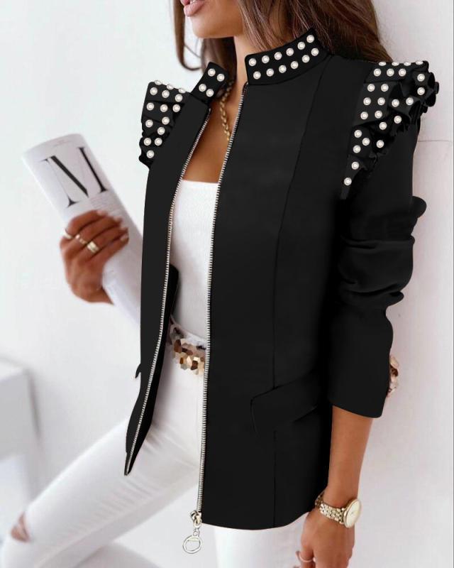Damen Blazer Jacke mit Stehkragen Reißverschluss Slim Fit Rüschenschulter Langarm Ganzkörperdruck Lässiger Kurzer Mantel