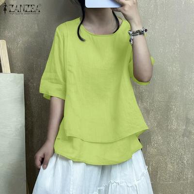 Women Summer Round Neck Loose Casual Half Sleeve Blouse