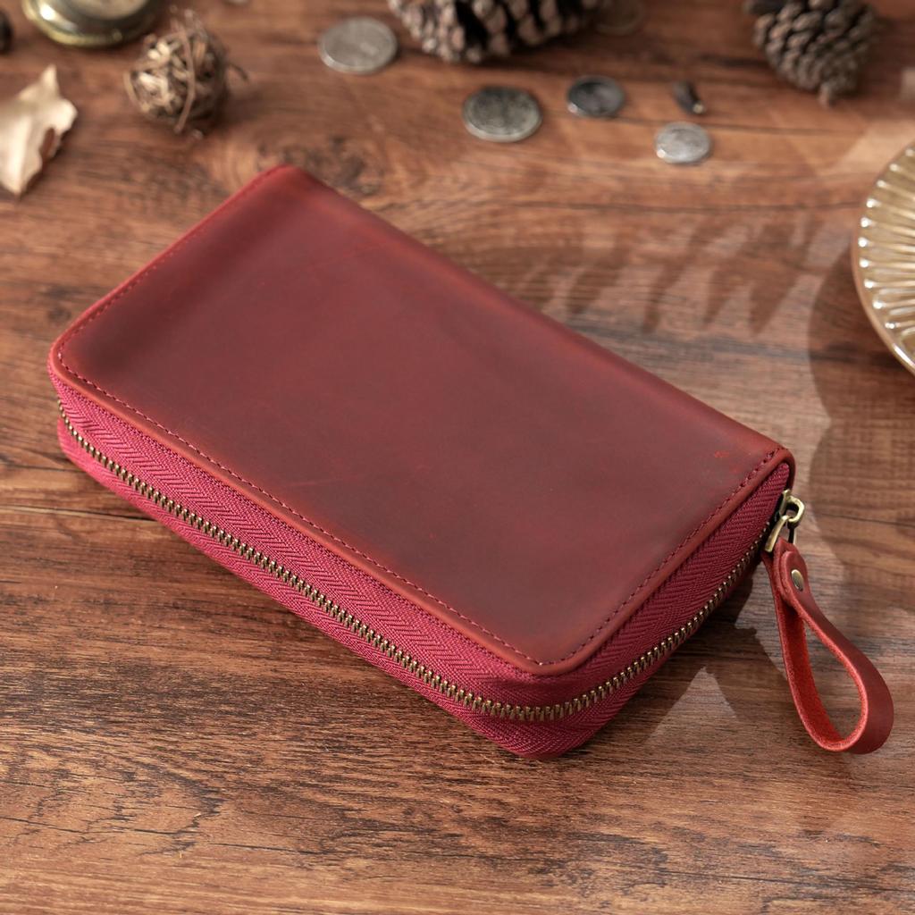 Crazy Horse Rindsleder Retro 10-Schlitz Füllfederhalter-Etui mit Reißverschluss