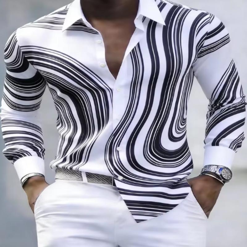 European American Trendy Men Abstract Swirl Stripe Printed Long Sleeve Shirts Spring Autumn Soft Stretch Silky Fabric Lapel Butt