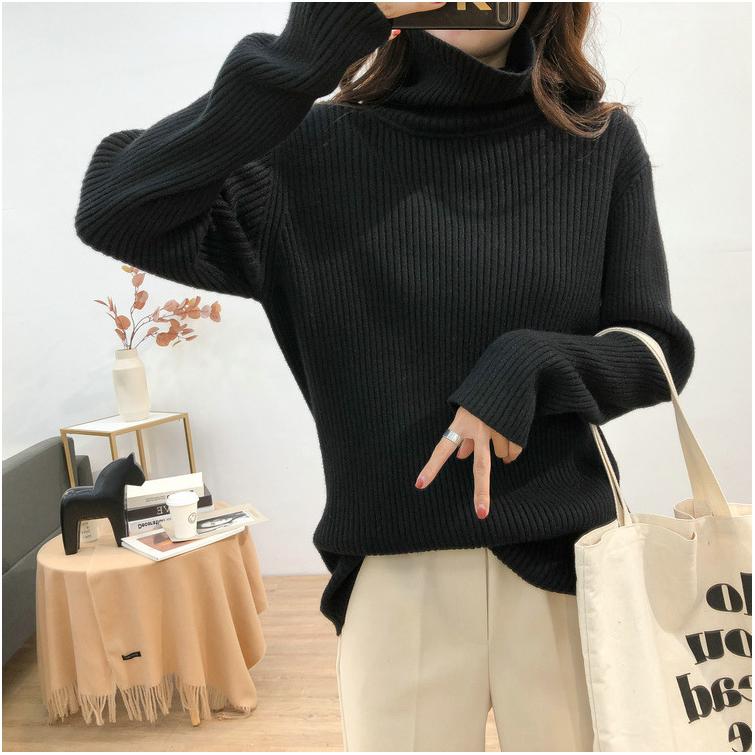 Autumn and Winter Turtleneck Thickened Pit Sweater Women's Large Size Loose Lazy Style Retro Thin Knitted Bottoming Shirt Women