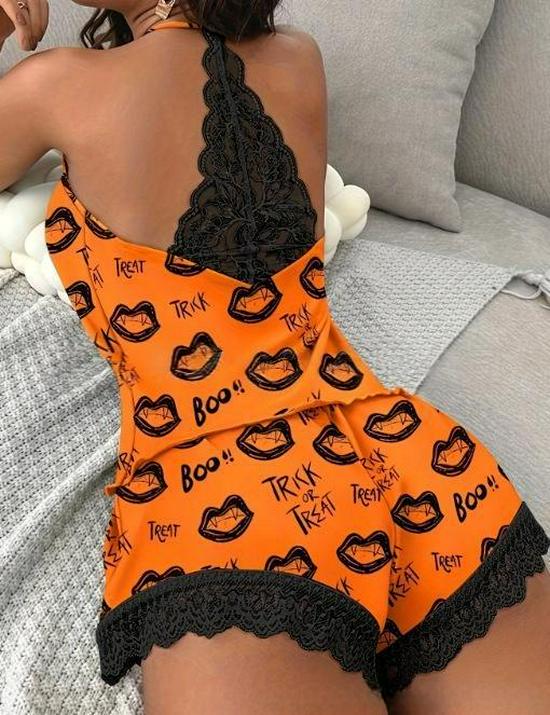 Ensemble Pyjama Décontracté à Col Halter avec Détail en Dentelle et Short
