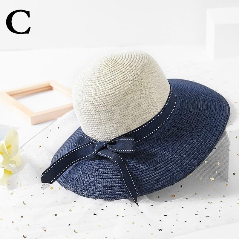 FashionTwo-color Patchwork Striped Bowknot Summer Sun Hat Women Straw Beach Hat Large Brimmed Hat
