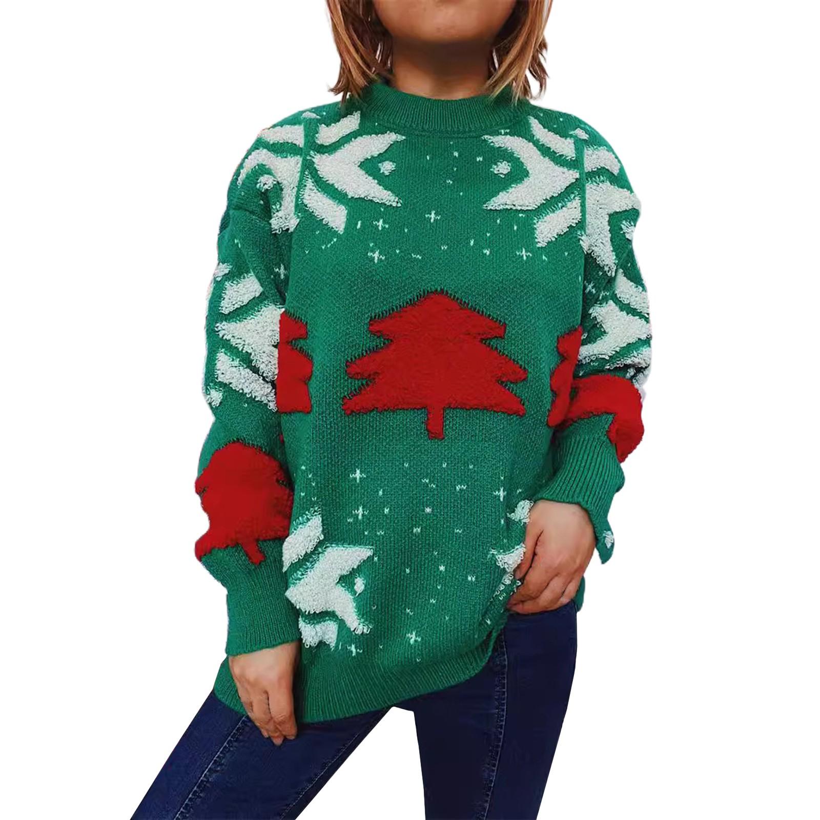 

Женская мода осень и зима рождественский свободный круглый вырез пуловер вязаный свитер S зелёный