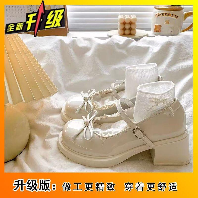 Versatile thick heel Mary Jane shoes women's summer new French round head bow British style small leather shoes women
