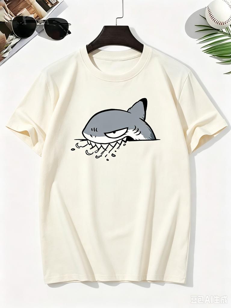 2026 Cartoon Shark Gray Fang Watermark Pure Cotton Boy's T‑shirt Creative Lightweight Comfortable Short Sleeved Kids T‑shirt