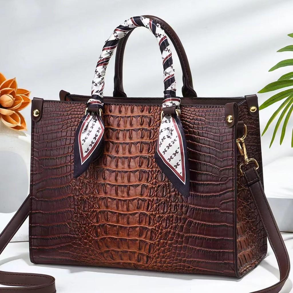 Womens Handheld Crossbody Bag With Crocodile Embossed And Silk Scarf Decoration