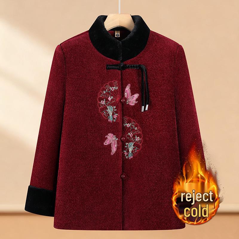 

Embroidered Winter Plus Cotton Jacket for Middle-Aged & Elderly Women, Grandma and Mom, Velvet Lined for Cold Protection XXL червоний