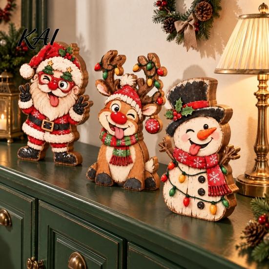 Handcrafted Wooden Holiday Ornaments 3Pcs/Set Christmas Tabletop Ornaments, Festive Winter Table Decoration, Atmosphere Decoration Santa Claus