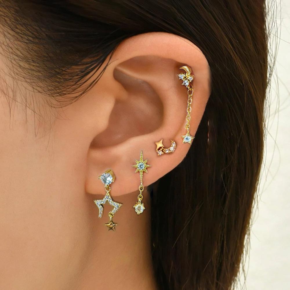 Cross-Border Earings Set Chain Star Moon Ear Rings Fashion Eight-Pointed Stars Earrings Women's Four-Piece