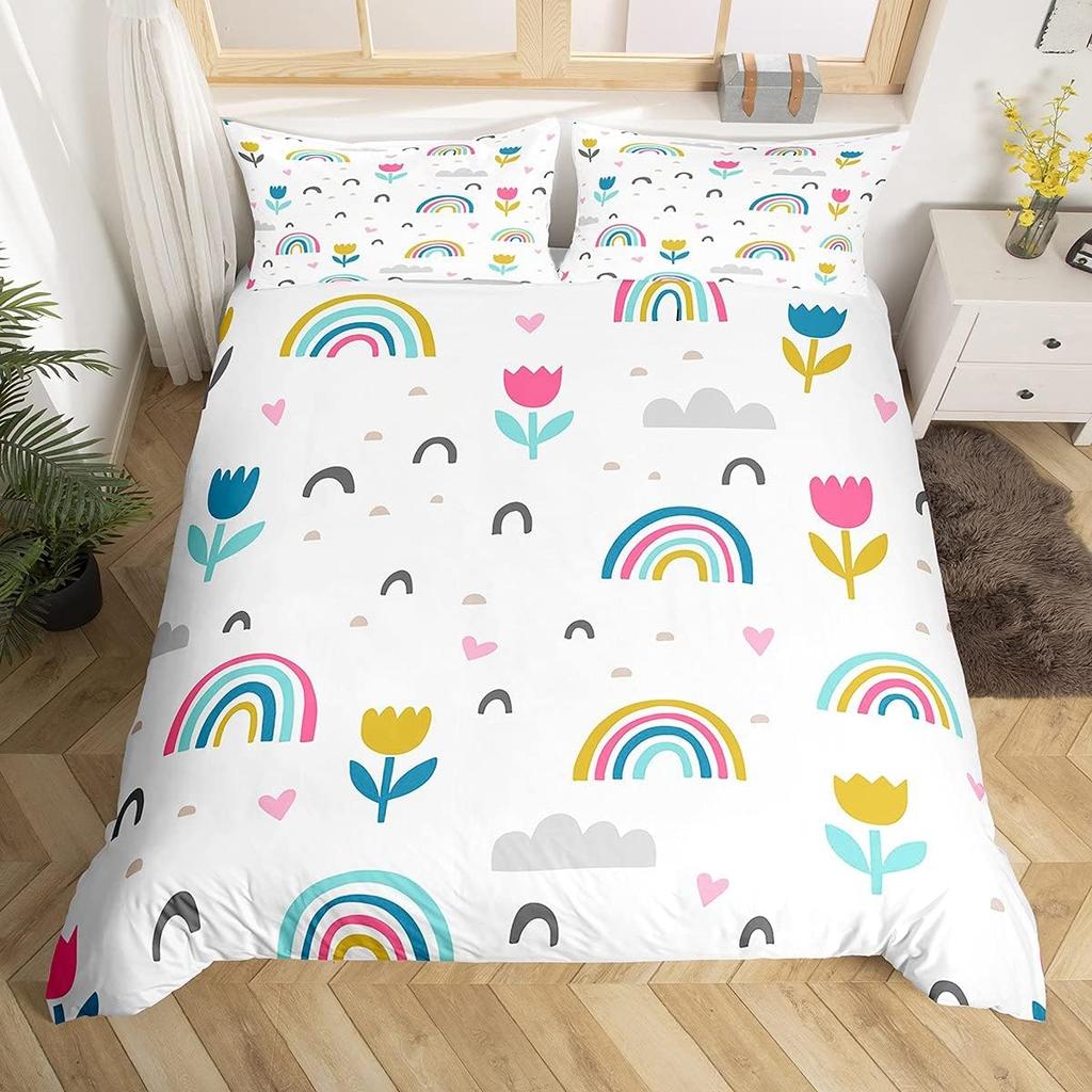 Kawaii Rainbow Duvet Cover Cartoon Iridescent Print Bedding Set For Girls Kids Room Twin,Cute Stars Clouds Decor Comforter Cover