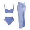 2025 Solid Color High-Waisted Slimming Bikini Three-Piece Set with Beach Skirt