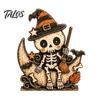 Waterproof Solid Wood Ornaments Halloween Retro Pumpkin Witch Cat Ghost Figurines with Crescent Base, Spooky Vintage Fall Holiday Party Supplies